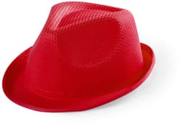 A red fedora hat with a textured pattern and a narrow brim. Features a branding logo.