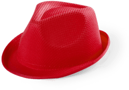 A vibrant red fedora hat with a textured design and a branded logo.
