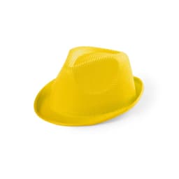 A bright yellow kids' hat with a fedora style and textured design. It has a simple logo.