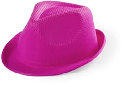 A pink kids' fedora hat made of textured material, featuring a sleek design and a branded logo.