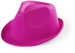 A pink mesh hat with a wide brim and a structured shape, featuring a branded logo.