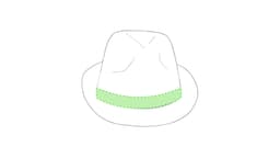 A white kids' hat featuring a green band around the crown. It has a classic fedora shape and a logo on the side.