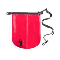 A red dry bag with a black strap and closure system, featuring a logo.