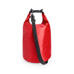 A red dry bag with a black adjustable strap and a clip closure, featuring a branding logo.