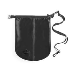 A black dry bag with a strap and clip, featuring a fold-over closure and a loop for attachment.