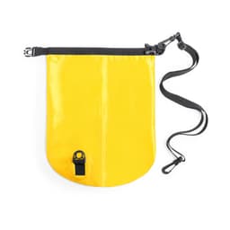 A yellow dry bag with a black strap and clip, featuring a secure closure and a small attachment point.