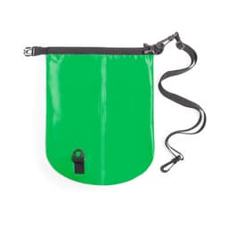 A green dry bag with a black adjustable strap and a clip, featuring a secure closure system. It has a logo.