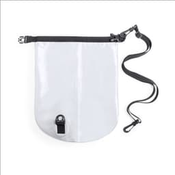 A white dry bag with a black strap and clip closure, featuring a logo on the surface.