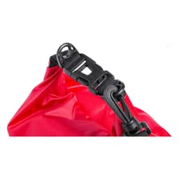 A red dry bag featuring a black clip closure and adjustable strap. It has a logo on the side.
