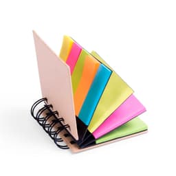 A Laska Notebook with multiple coloured sticky note pads in pink, green, orange, and yellow, featuring a spiral binding.