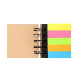 A notebook with a brown cover and colourful sticky tabs in pink, yellow, green, blue, and black. It has a ring binder design.