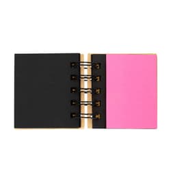 A black notebook with a ring binder and a pink notepad section on the right. It features a logo on the cover.