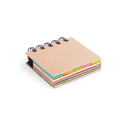 A notebook with a kraft cover featuring brightly coloured pages in pink, yellow, and green, bound with black rings.