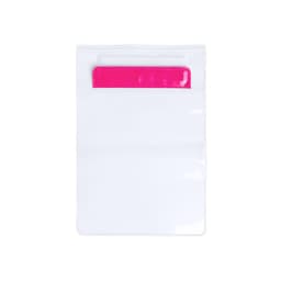 A clear dry bag with a vibrant pink closure. The bag features a smooth surface and is suitable for various uses.