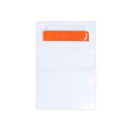 A clear dry bag with an orange closure at the top, featuring a smooth, glossy surface and a logo.