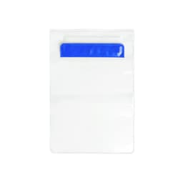 A clear dry bag with a blue closure. It features a simple design and includes a logo.