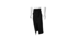 A black apron with a front split and tie waist, displayed on a mannequin. It features a logo.