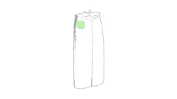 A white apron featuring a pocket area highlighted in green. The design is simple and functional, with a logo present.