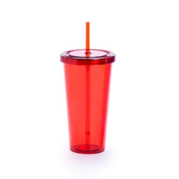A red plastic tumbler with a clear lid and an orange straw, featuring a small logo.