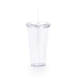A clear plastic tumbler with a lid and straw, showcasing a sleek design and featuring a logo.