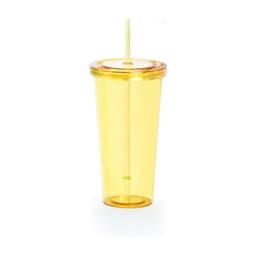 A drink tumbler in bright yellow with a lid and reusable straw, featuring a logo.