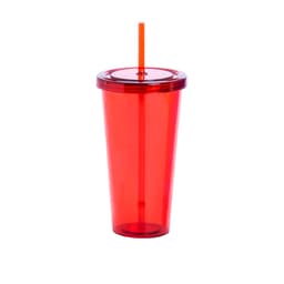 A drink tumbler in bright red with a matching lid and orange straw, featuring a logo.