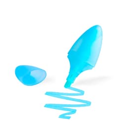 A blue highlighter with a cap, featuring a twist mechanism and a flowing ink trail.