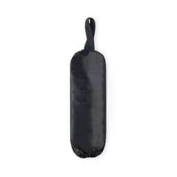 A black plastic bag holder with a looped handle for easy hanging. It has a smooth, sleek finish.
