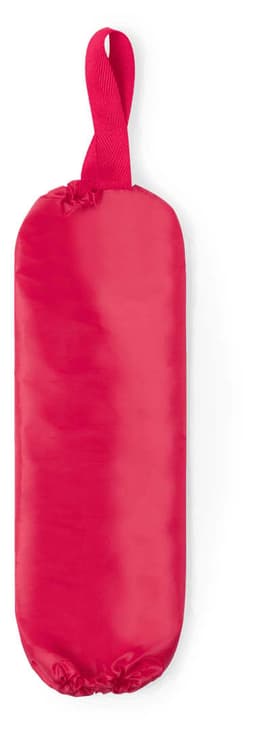 A red Doxen Plastic Bag Holder with a hanging loop, designed for storing plastic bags.