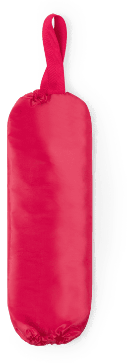 A red plastic bag holder with a loop for hanging, designed for storing and organising bags.