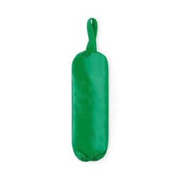 A green plastic bag holder with a loop handle, designed for storage and organisation. It features a logo.