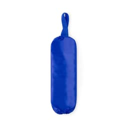 A blue plastic bag holder with a loop for hanging. The surface is smooth and has a simple design.