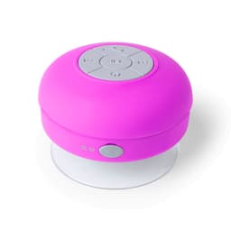A pink Bluetooth speaker with a round shape and control buttons on top, featuring a suction cup on the base.