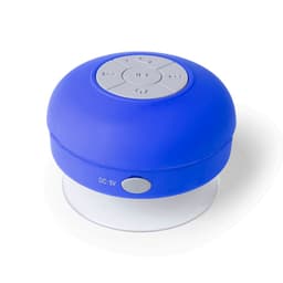 A blue Rariax Bluetooth speaker with a suction base and control buttons on top. It features a smooth, rounded design.