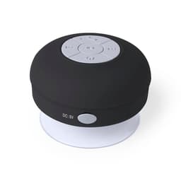 A black Bluetooth speaker with a suction base, featuring control buttons on the top. It has a round design.