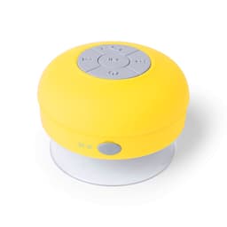 A yellow Bluetooth speaker with a suction base and control buttons on top, featuring a logo.