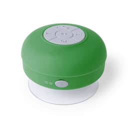 A green Bluetooth speaker with a silicone exterior and a white suction base, featuring control buttons on the top.