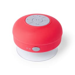 A round red Bluetooth speaker with a suction base and control buttons on top. It features a logo on the side.