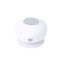 A round white Bluetooth speaker with grey buttons on top and a base for stability. It features a logo on the side.