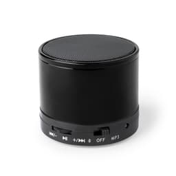 A compact black Bluetooth speaker with playback controls and a textured top surface. It features a branding logo.