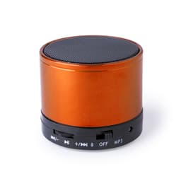 An orange Bluetooth speaker featuring control buttons on a black base and a mesh top. It also has a logo.