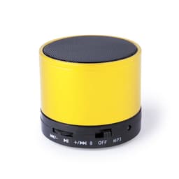 A yellow Bluetooth speaker featuring a black base and control buttons, including volume and playback settings.