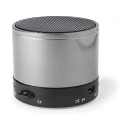 A silver Bluetooth speaker with a textured top and ports for TF card and AUX connection.