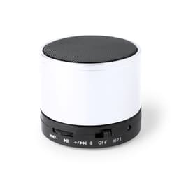 A compact Bluetooth speaker in white and black, featuring a mesh top and control buttons on the base.