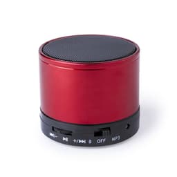 A red Bluetooth speaker with a round design, featuring control buttons and a black base.