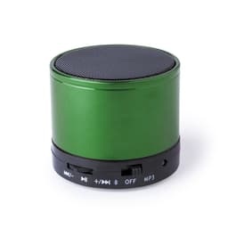 A green Bluetooth speaker with a black base featuring control buttons and a mesh top. It has a logo on the side.