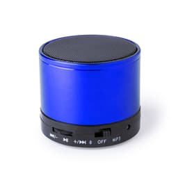 A blue Bluetooth speaker with a round design, featuring control buttons and a black base.