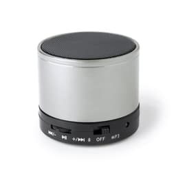 A compact silver Bluetooth speaker with a black base featuring control buttons and a textured speaker grille on top.