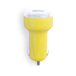 A yellow USB car charger with a white top and a metallic connector. It features a branding logo.