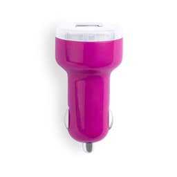 A pink USB car charger with a white top features a logo on its surface.